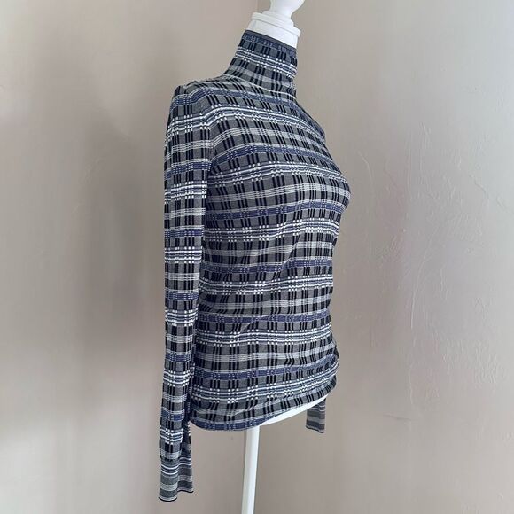Theory Prosecco Stretch Knit Turtleneck Long-Sleeve Plaid Check Top Blue Black S - Picture 5 of 7